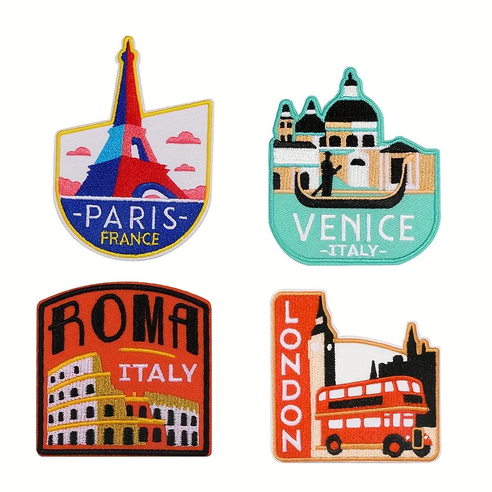4Pcs Colorful Embroidered Iron-On Patches - Cultural Landmark Travel Souvenirs (Paris Eiffel Tower, Rome Colosseum, London Big Ben, Venice Gondola) - Durable DIY Fabric Applique for Travel Lovers' Jackets/Bags - Sewing Supplies Accessory, Collectibles, Cu