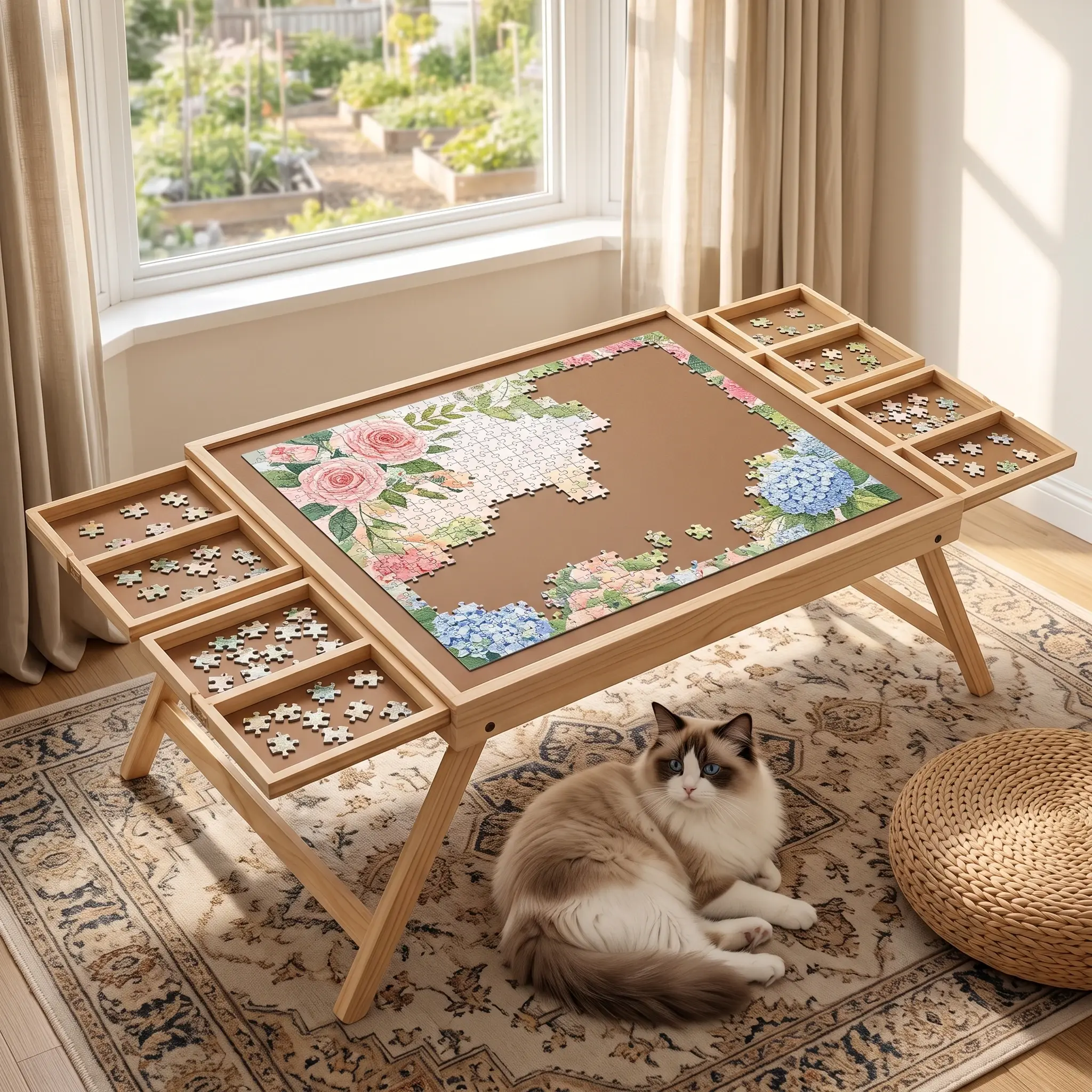 1000 pieces of wooden multifunctional folding table, 4 drawers and 16 compartments, khaki color, perfect for offices, living rooms, bedrooms, games