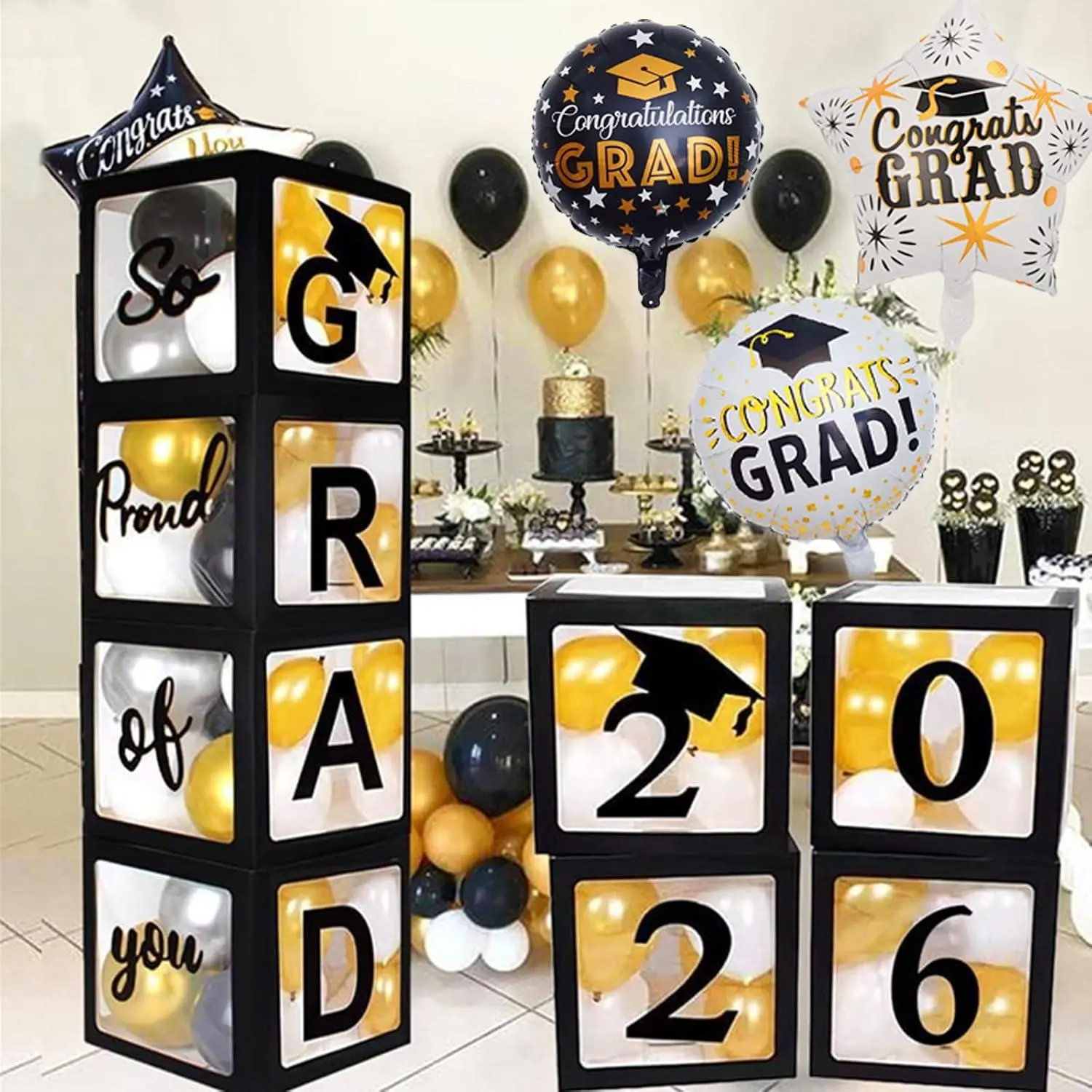2026 Graduation Decorations Black Graduation Balloon Boxes(4Pcs) Graduation Party Decorations With Letters Grad 2026 So Proud Of You & 20 Pcs Balloons, Grad Photo Booth Props Background Decor