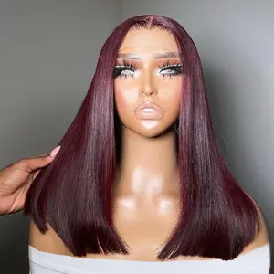 180 Density Dark Burgundy Short Bob Straight Wig Pre Plucked HD Transparent 13x4 Full Lace Frontal Human Hair Bob Wig 99J Big Lace Front Wig