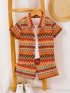 Boys Summer New Set, Button-Up Shirt with Geometric Patterns + Woven Texture Vacation Style Digital Print Casual