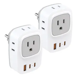 2 Pack European Plug Adaptor -International Travel Charger with  2 USB C, 4 American Outlets and 1 USB A Ports for France Germany Spain Turkey Greece Poland Iceland Russia Travel Adapter
