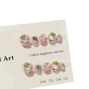 Pink Strawberry Press on Nails Short Oval Nails with 3D Cartoon Berries Reusable Kawaii False Nails Solid Design