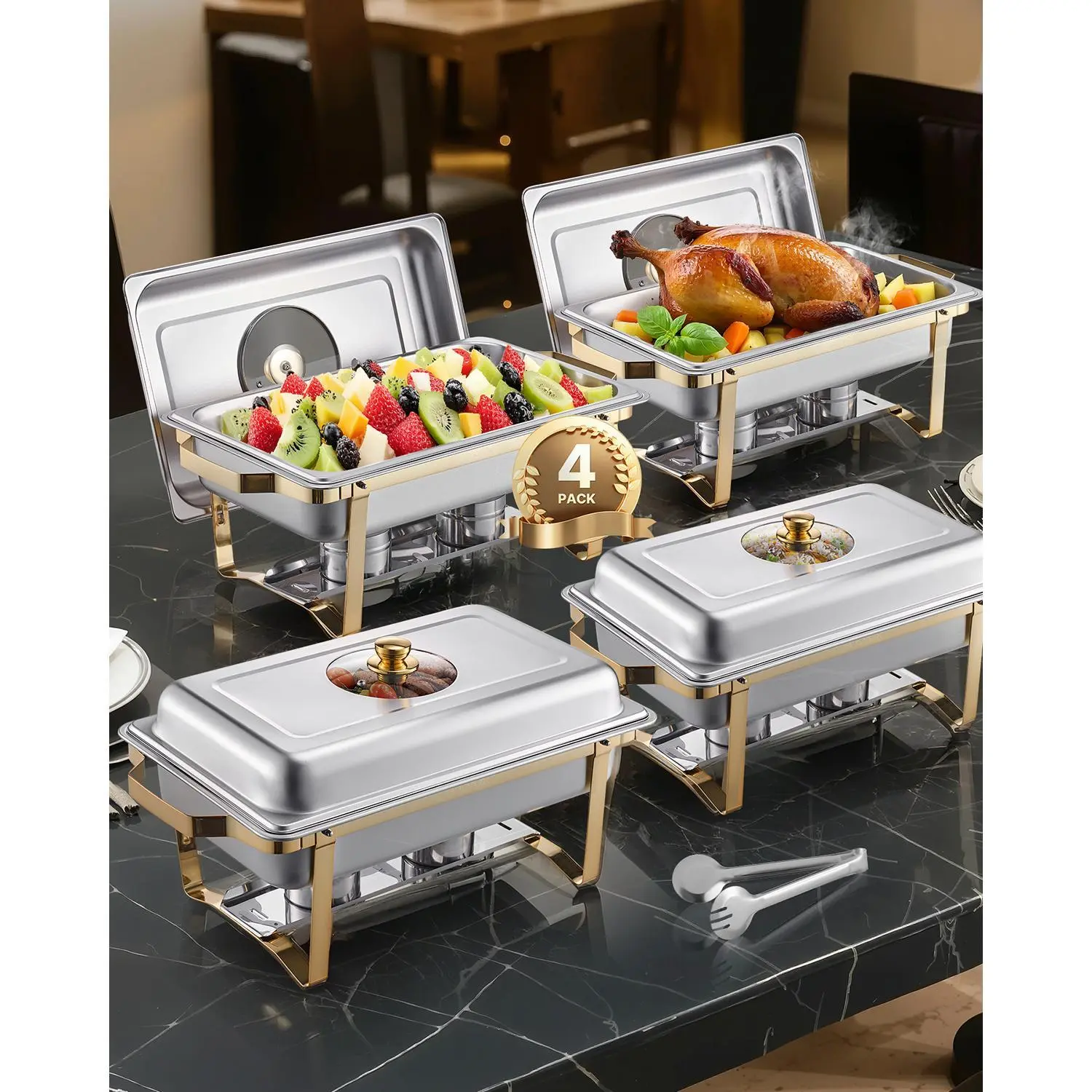 VEVOR 4-Pack 8Qt Full Size Rectangle Stainless Steel Chafing Dish Buffet Set with Gold Finish, Bakeware Warmer with Lid Window View, Ample 8qt Capacity & Temperature Control, Ideal for Weddings & Parties