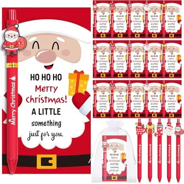 30/60-Set Christmas Ballpoint Pens with Greeting Cards, Bag Twist Ties, 5 Styles - Festive Party Supplies, Christmas Party Gifts for Students, Office Staff, School & Office Essentials
