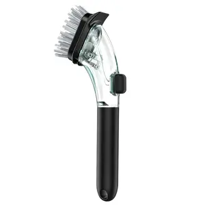 Soap Dispensing Dish Brush with Replaceable Head – Non-Scratch Nylon Bristles, Built-in Scraper & Soap Reservoir (70ml), Ergonomic Grip for Non-Stick Pans, Includes Non-Skid Holder