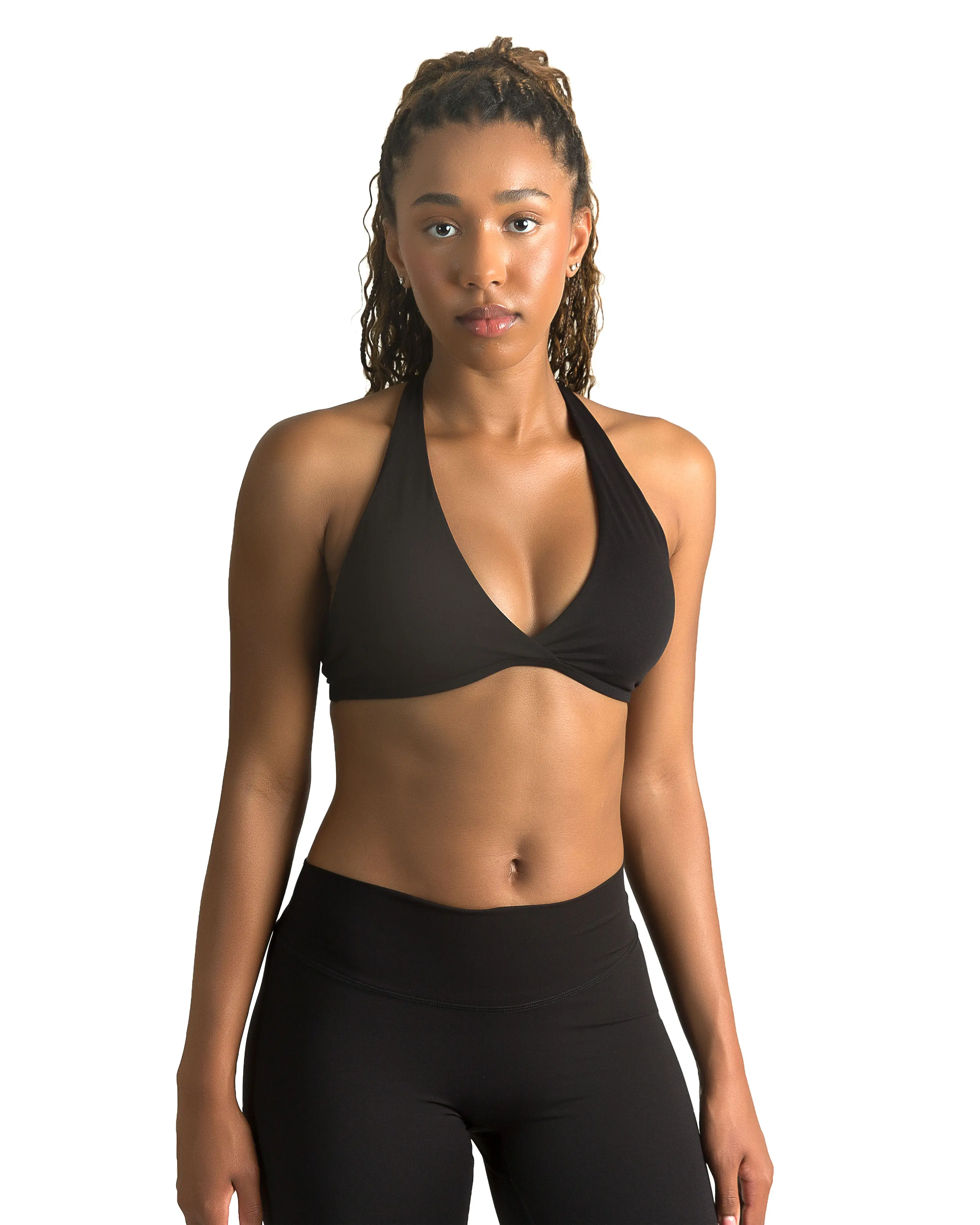 Women’s halter V-neck sports bra/tank top—soft, breathable, back-flattering design for yoga and workouts
