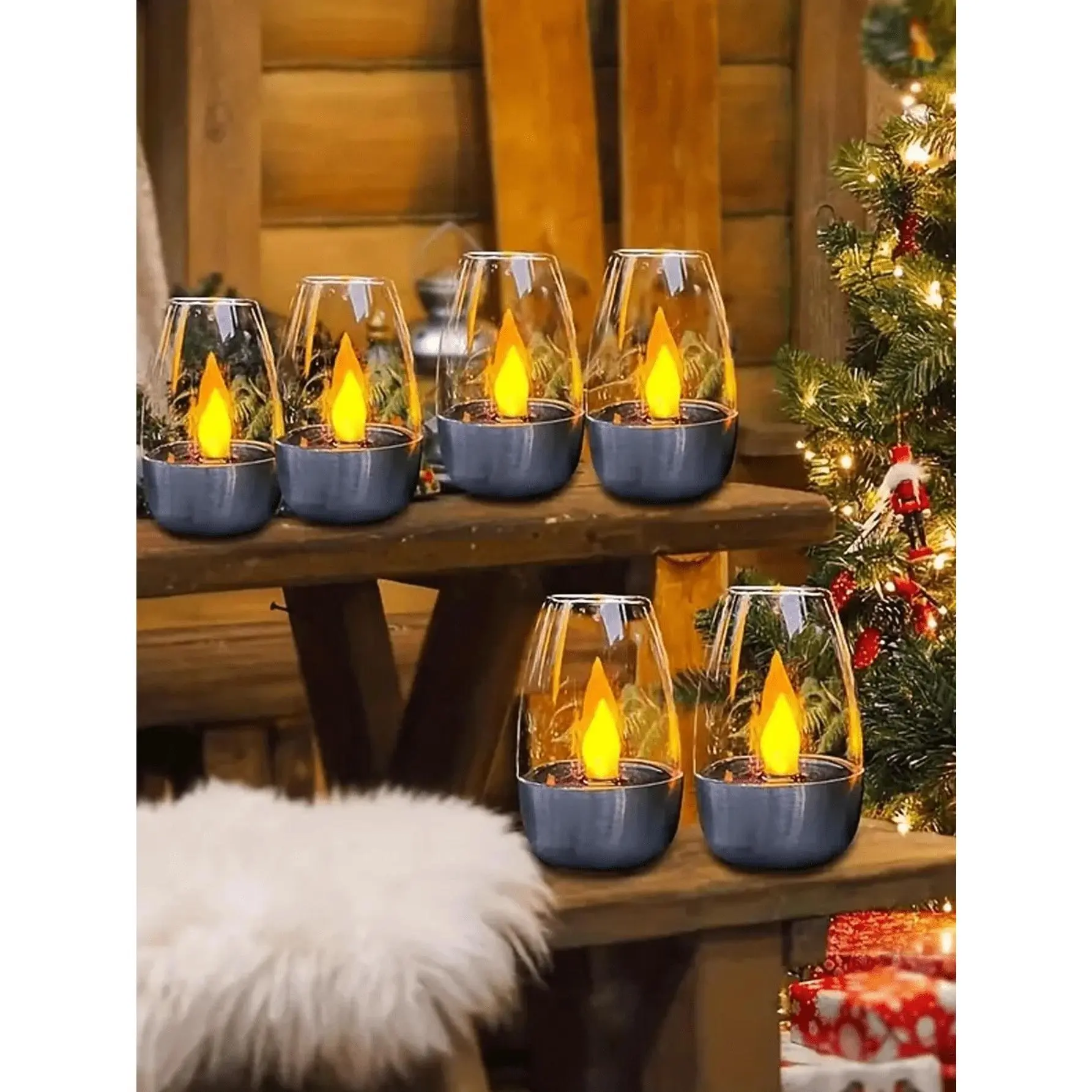 1/2/6pcs Solar Powered Stainless Steel Flickering Flame Candle Lights, Outdoor/Indoor Lantern Tabletop Decor Acrylic Lighting, 600mAh Rechargeable Battery Powered Stair Ground Lights, Solar Panel Auto Charging Decorative Lights For Patio, Desk, Stairs