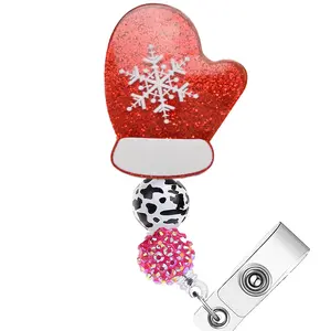 Glitter Gloves with Beads, Cow Pattern Lanyard Clip, Cute Christmas Style for Students, Office Workers, Nurses, and Teachers