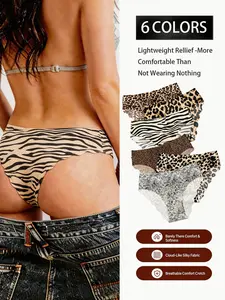 6 Pack Seamless Leopard Print Sexy Panties For Women Zebra Striped Ice Silk Shorts Solid Color Invisible Seamless Underwear