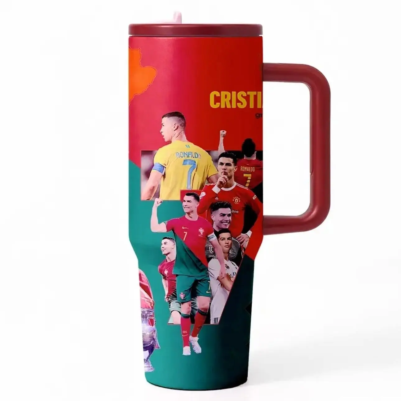 [No Straw] Portugal Football Legend 40oz Tumbler, Insulated Sports Travel Mug With Handle, Stainless Steel Fan Gift Cup For Daily Use