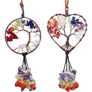 2 Pcs Tree of Life Car Mirror Hanging Accessories, 7 Chakra Crystals and Healing Stones Seven-Colored Stone Car Ornaments Good Luck Wall Decor