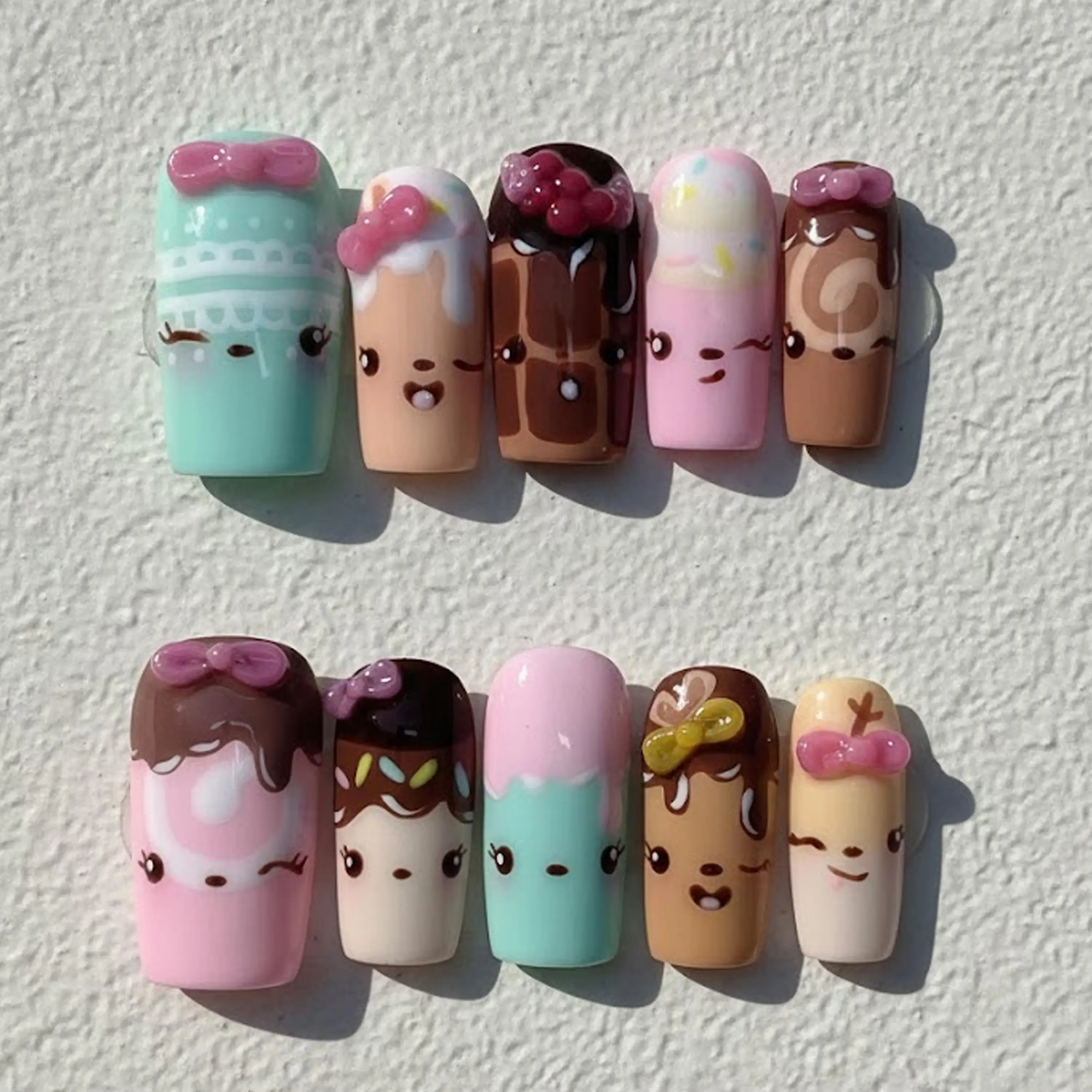 Hand Painted Dessert Press on Nails, Kawaii Smiley Face Nail Set