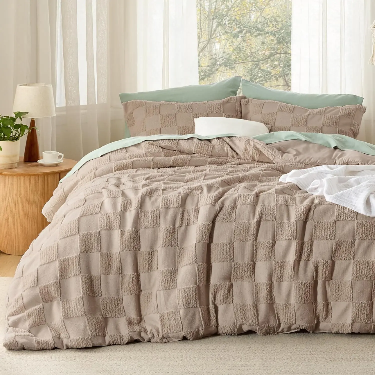 Synthetic Twin/Twin XL Bedding Set - Khaki Boho Tufted Checkered Farmhouse Plaid Geometric, 1 Fluffy Breathable Quilt, 1 Pillow Sham for Shabby Chic Bedroom