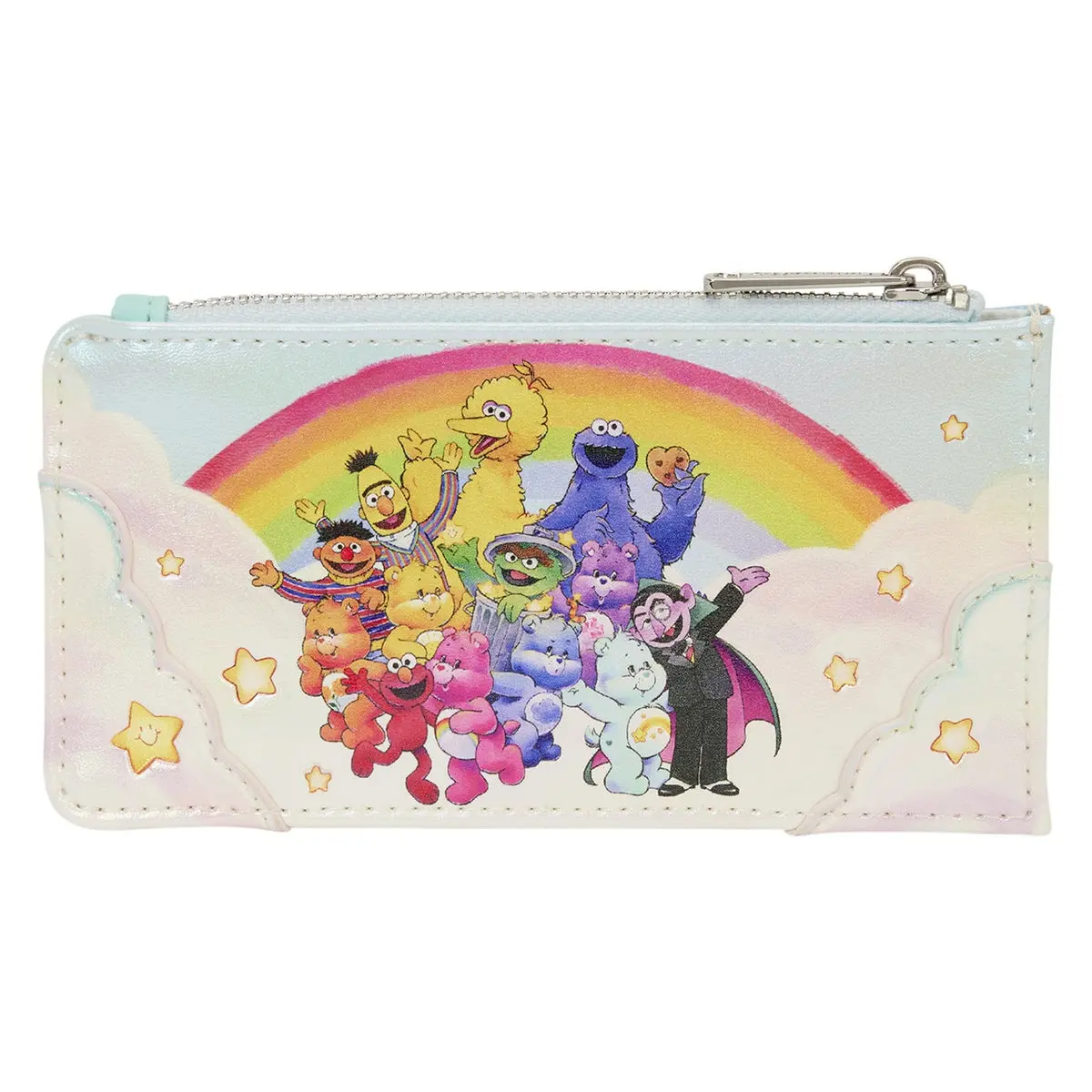 Large Card Holder Wallet in Iridescent Polyurethane, Care Bears x Sesame Street Print with Debossed Glitter Details, Character Art, Playful Women's Wallets, Cartoon Women's Wallets