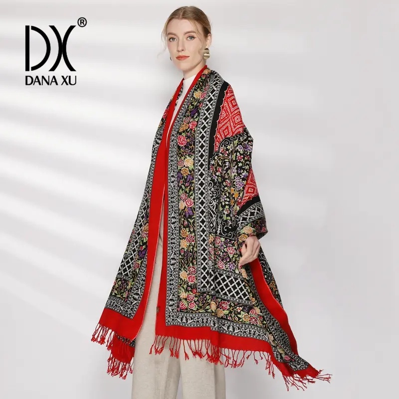 DANA XU 100% Merino Wool Extra Large Pashmina Blanket Travel Scarf Cashmere Wrap for Women Fall Winter Oversize Shawl Floral Designs Fashion