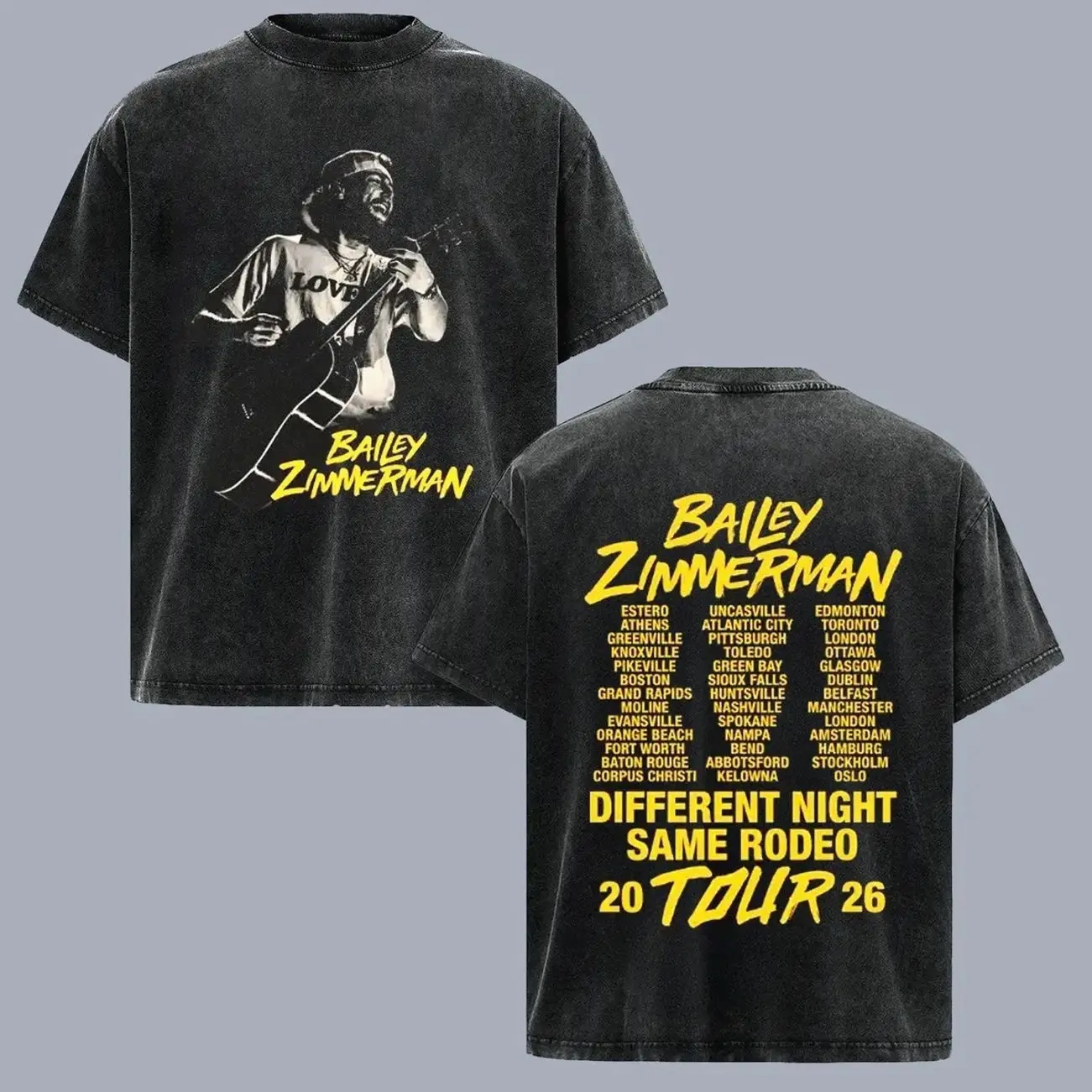 Bailey Zimmerman Different Night Same Rodeo Tour 2026 Vintage Washed T Shirt, Double Sided Country Music Graphic Tee, Retro Western Cowboy Concert Shirt, Oversized Heavyweight Unisex Fan Merch Gift for Country Music Lovers MRO