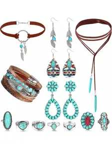 16 Pcs Western Bohemian Women's Jewelry Set Collection-turquoise Artificial Leather Cuff Bracelet Pendant Choker Necklace Hoop Dangle Earrings Joint Knuckle Rings