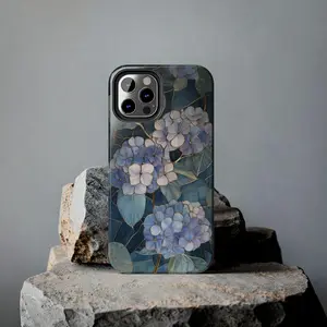 Blue Hydrangea Stained Glass Phone Case Wildflower Floral Artful Phone Case IP 17 16 15 14 13 12 Pro Max X