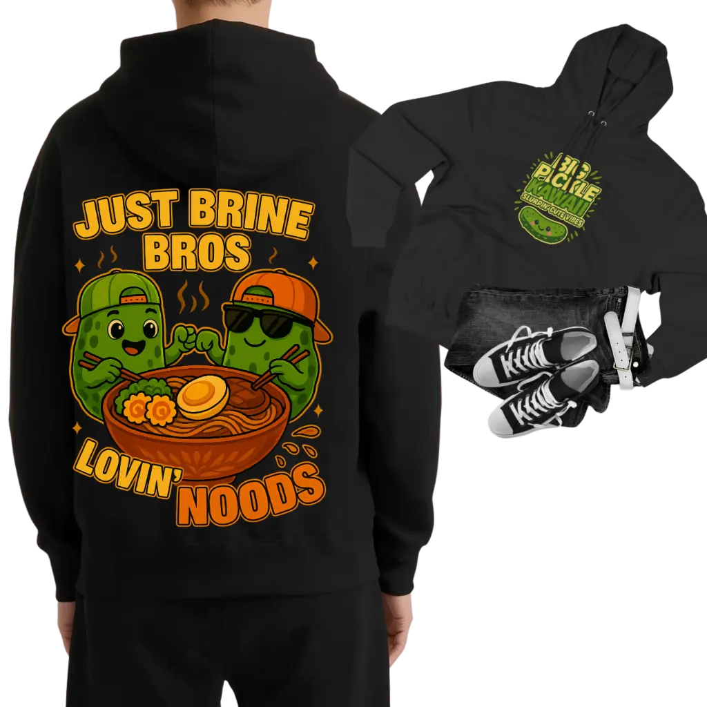 Just Brine Bros Hoodie | Lovin’ Noods Pickle Sweatshirt | Big Pickle Kawaii Ramen Hoodie | Funny Cute Pickle Daddy Gift | Ramen Noodle Streetwear | Kawaii Pickle Hoodie | Brine Bros Funny Dill Vibes Cotton Fabric