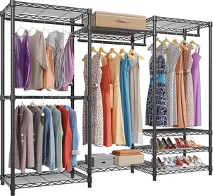 Portable Closet Wardrobe Heavy Duty Clothes Rack, Freestanding Clothing Rack with 4 Hang Rods & 8 Shelves, Adjustable Closet Racks, 68.9" L x 15.7" W x 76.4" H, Max Load 890LBS, Black