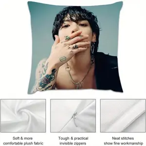 1pc Korean Idol Jungs Kooks Pattern Decorative Square Pillowcase Cushion Cover Double-Sided Printing, Suitable for Bedroom, Sofa, Dormitory, Office, Outdoor Home, Party Decoration, No Pillow Core, Ideal Holiday Gift