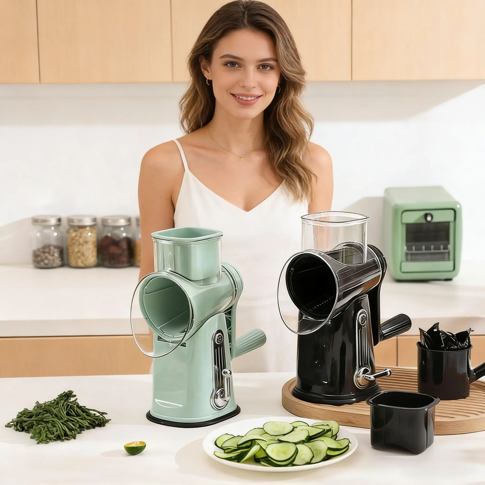 Durable Vegetable Slicer and Rotary Cheese Shredder, a Multi-Functional Hand-Crank Kitchenware Gadget with 5 Interchangeable Blades and a Suction Base for Cooking, Cutting, Rotating, Grater, Dicing, Everyday, Utensil, Fruit, Multi-Blade
