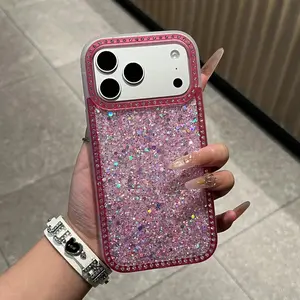 Luxury Sparkly Phone Case With Rhinestone Trim The Artwork Features A Dense Layer Of Colorful Glitter And A Rhinestone Border Creating A High-Shine Eye-Catching And Glamorous Aesthetic For iPhone 17 16 15 14 13 12
