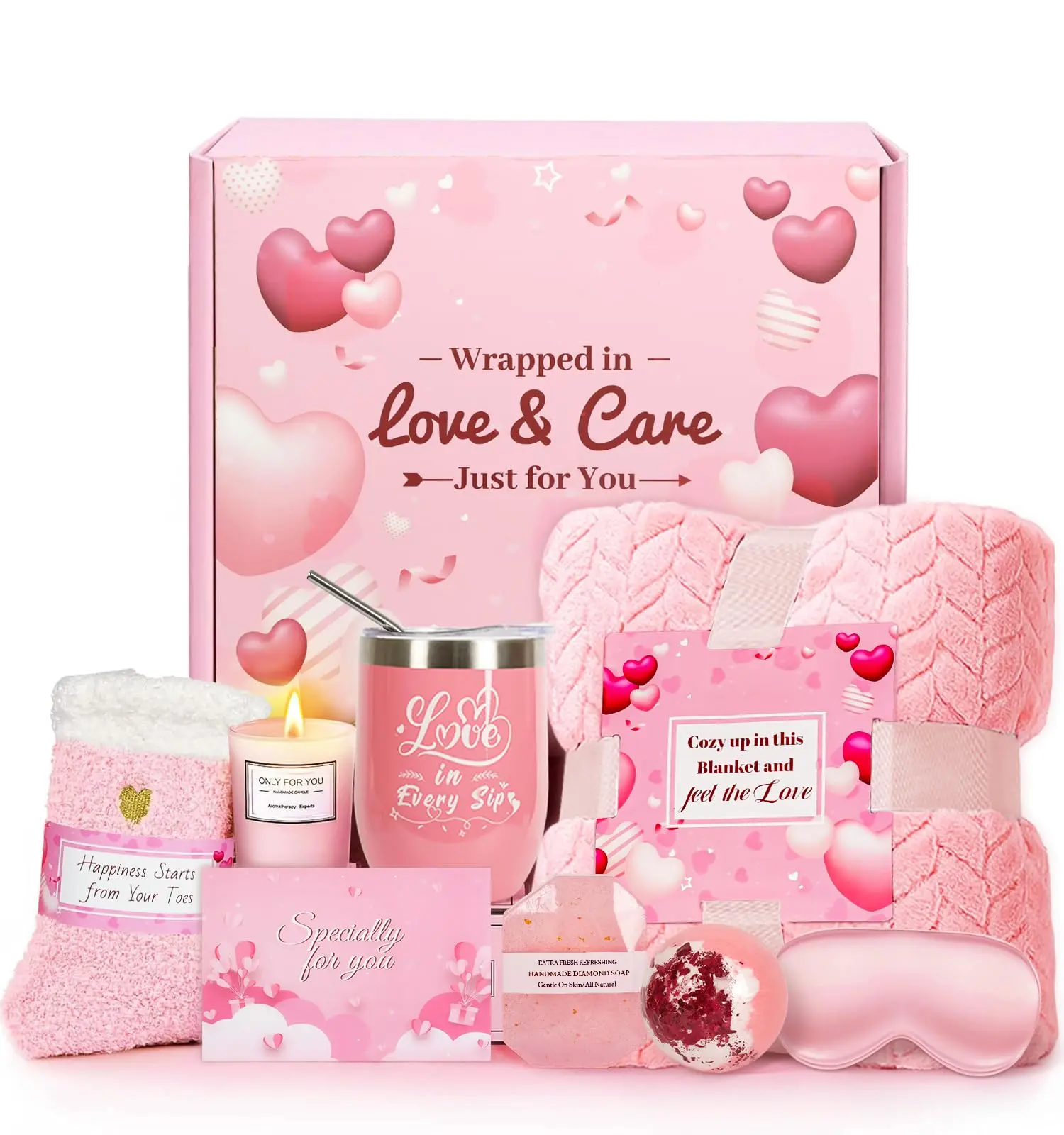 Birthday Gifts for Women,10 pcs Rose Scented Candle with Silk Eye Mask,Flannel Blanket Get Well Soon Gift Self Care Gifts Pink Bracelet Set gifts bf girl gifts