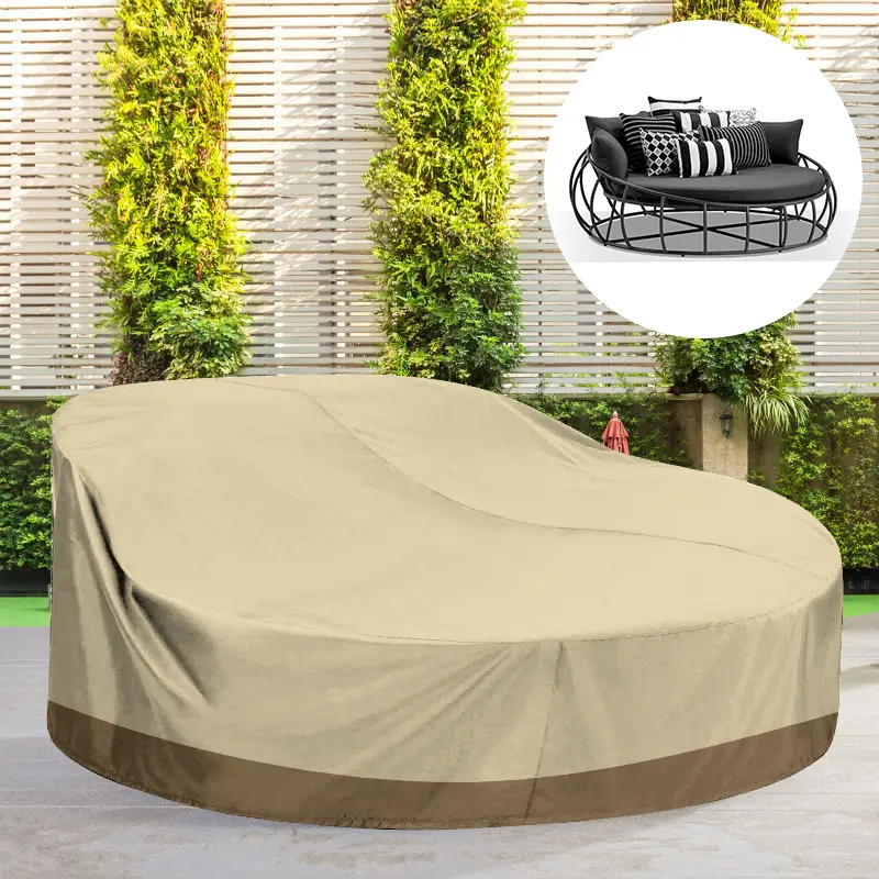 SunPatio 88" Round Heavy-Duty Polyester Outdoor Furniture Daybed Cover - All-Seasons Water-Resistant Canopy Sofa Protector, Portable, Elastic Edges, Secure Fit Design, 25*25*7cm Foldable, Beige