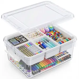 HomeTuk 20QT/40QT Multi-Layer Craft Storage Box with 6-Compartment Detachable Tray – Extra-Deep Base Heavy Duty Plastic Bin, Stackable Organizer for Beads, Sewing Supplies, and Hobby Tools