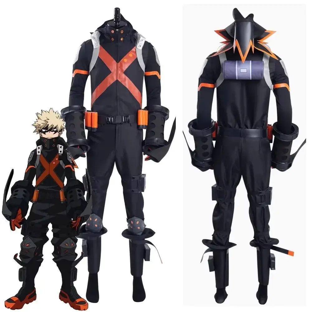 Men's My Hero Academia Katsuki Bakugou Premium Custom Anime-Inspired Full-Length Cosplay Jumpsuit, Tailored Cut Hero Suit Set with X-Harness, High-Quality Fabrics Clothes for Special Occasions