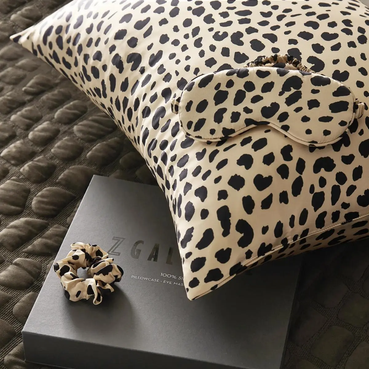 Z Gallerie Friction-Free Cheetah Print Bedding Sleep Set - Ivory & Black Accents, Pillowcase, Eye Mask, Scrunchie for Night Routine Bedding Sets, Gift Set