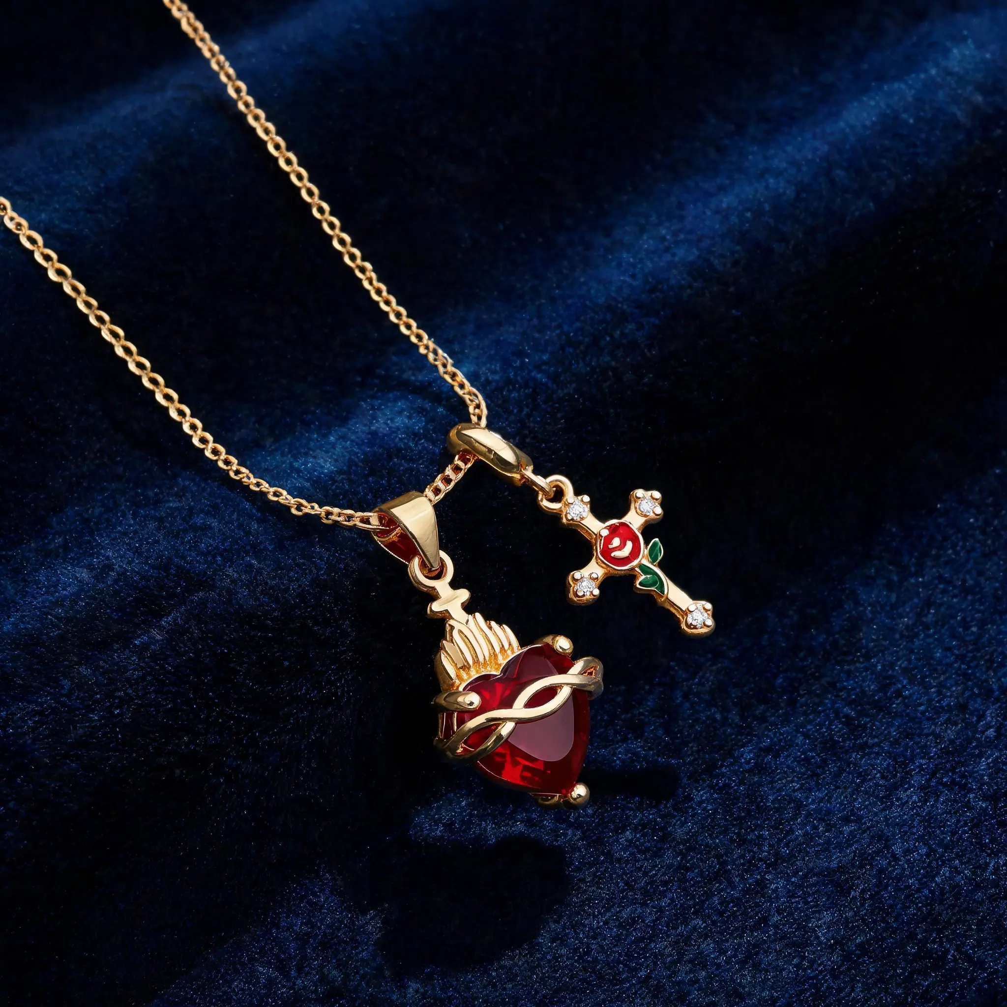 Gold Plated Necklace Jewelry for Women with Zircon Heart, Rose & Cross Charms, Adjustable Collarbone Chain, Thanksgiving Gift in Beautiful Gift Box, Sacred Heart, Valentines Day, Crucifix Necklaces, Spiritual Jewelry, Meaningful Gifts