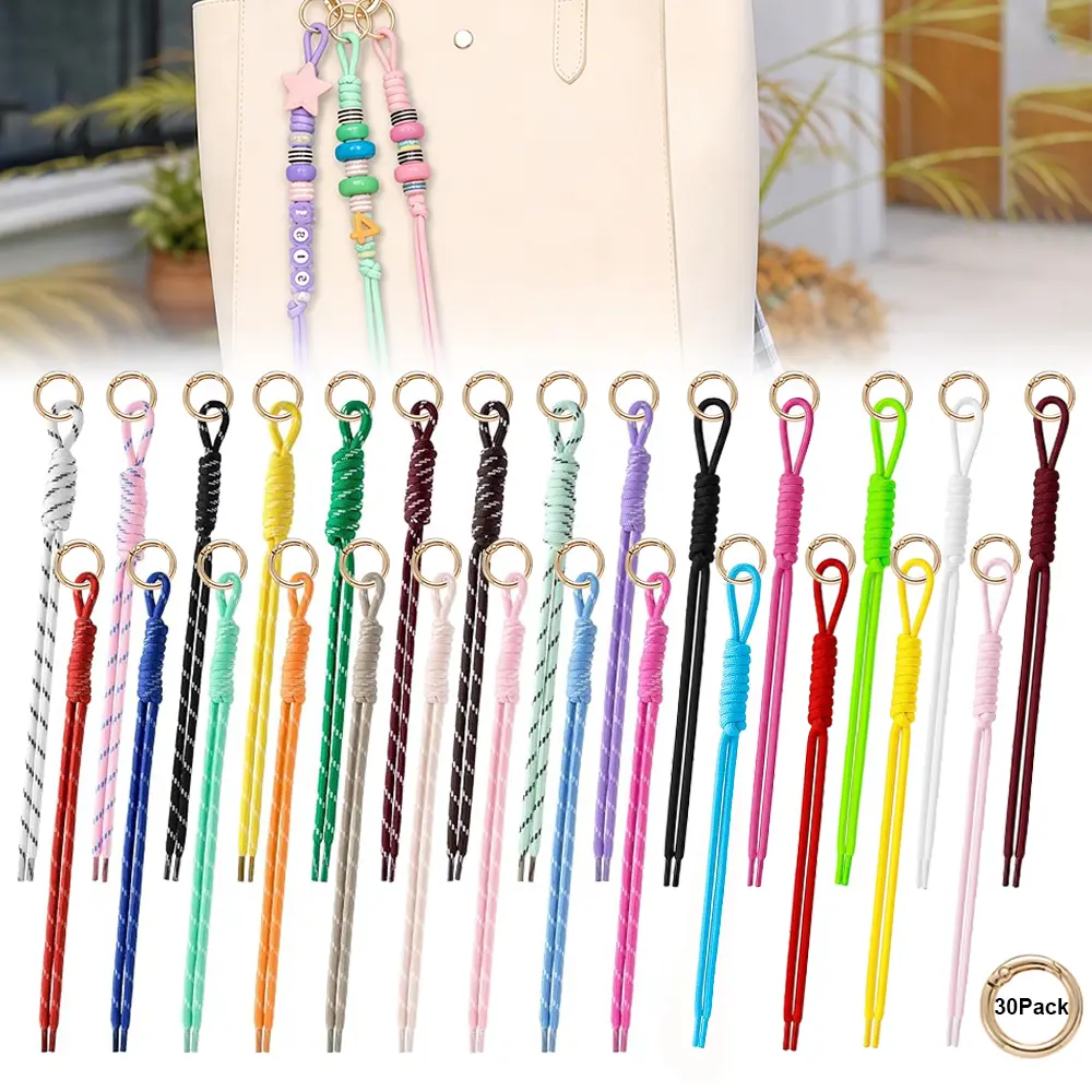 27-Pcs 10.63-Inch Polyester Paracord Keychains Bulk Pack (27 Colors) with 30-Pcs Metal Rings, Braided Knot Bag Charms, Keychain for Purse, Daily Home Improvement Building Supplies Accessory, Knots
