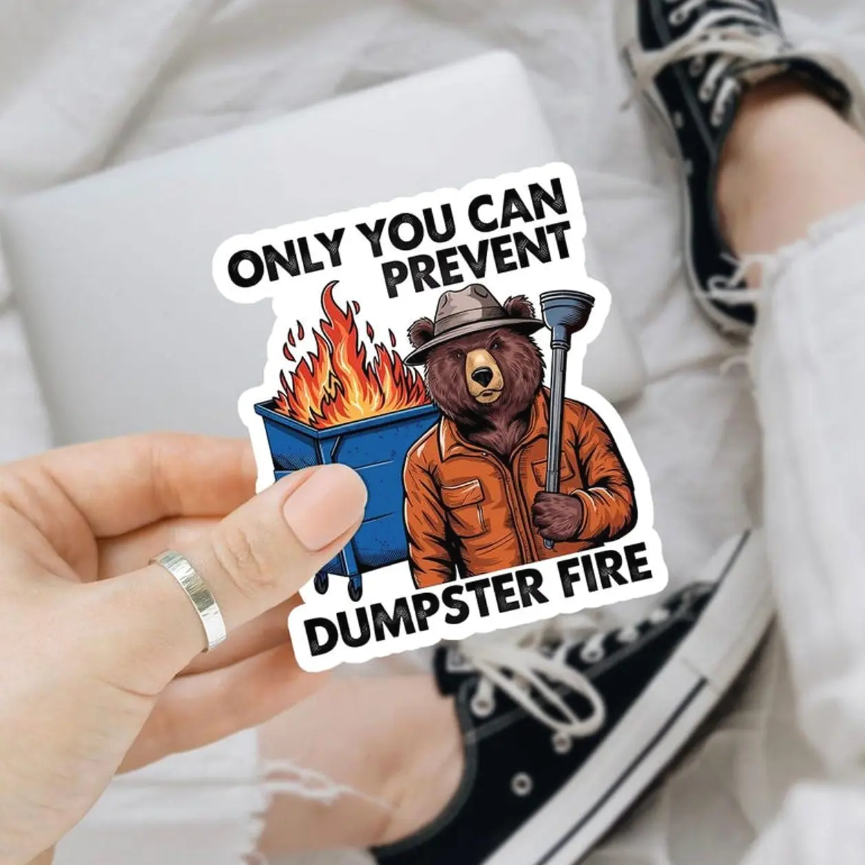 Dumpster Fire Bear Sticker: Funny Meme Vinyl Decal