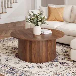 Round Coffee Table, Fluted Circle Accent Center Table with Spacious Waterproof Top & Sturdy Metal Frame for Living Room
