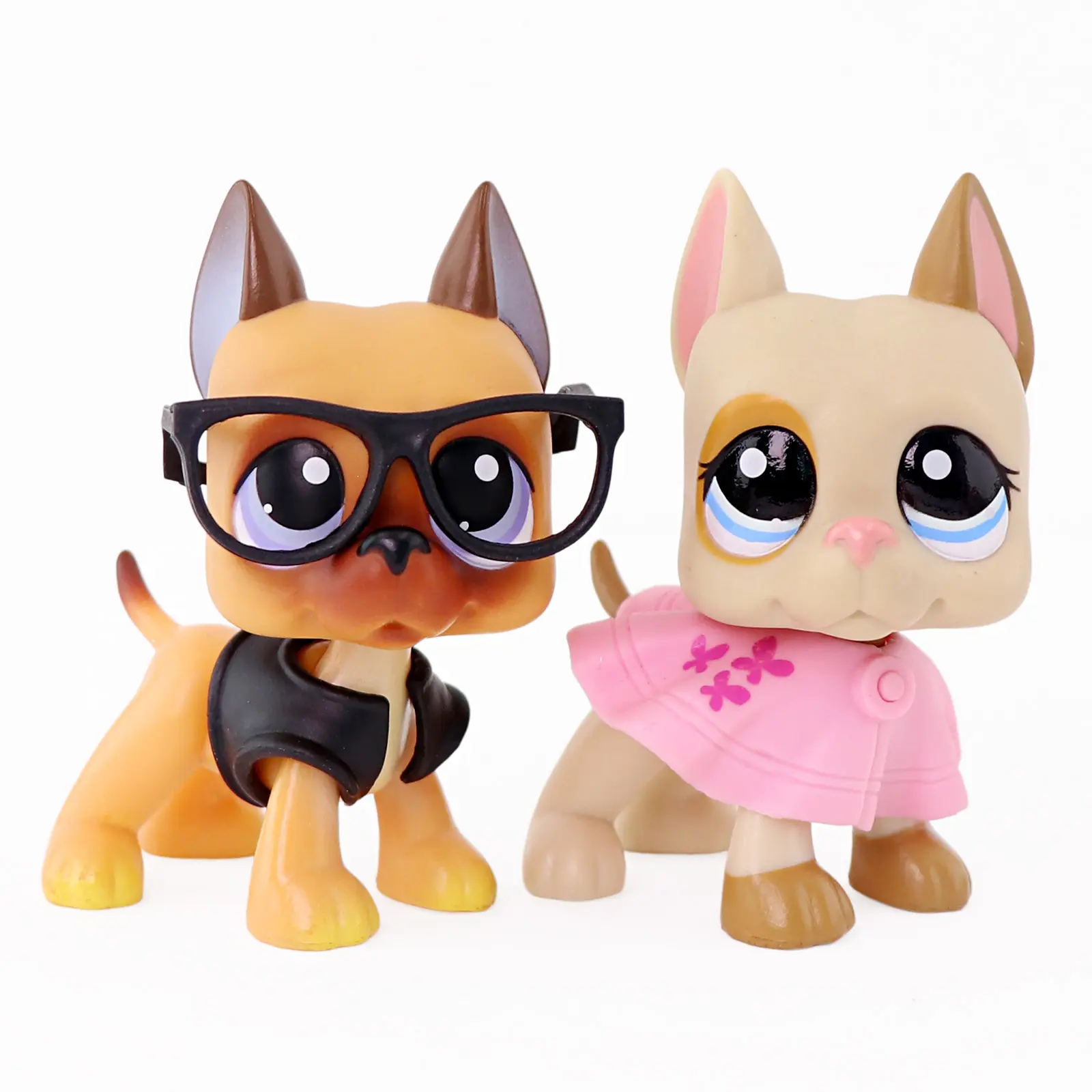 2-Pcs Vinyl Mini Cartoon Great Dane Puppy Figures Set - Smooth Plastic Big-Eye Dog Figurines with Glasses, Jacket, Pink Butterfly Dress Accessories, Painted Collectible Kids Gift & Shelf/Desk Decor Cake Topper