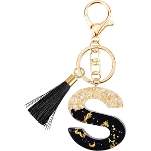 Suweibuke Fashion Black Key Chains for Women Girls, Initial Letter Keychains with Tassel, Charms for Key Handbags Backpacks