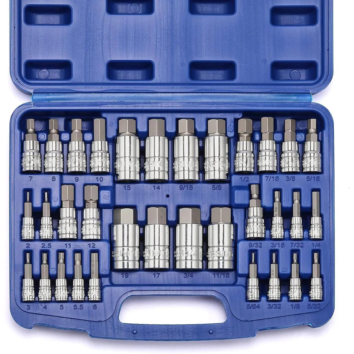 33 count Master Hex Bit Socket Set, S2 Steel, SAE And Metric, Allen Socket Bit, 5/64-inch to 3/4-inch, 2mm to 19mm Socket Tool Kit