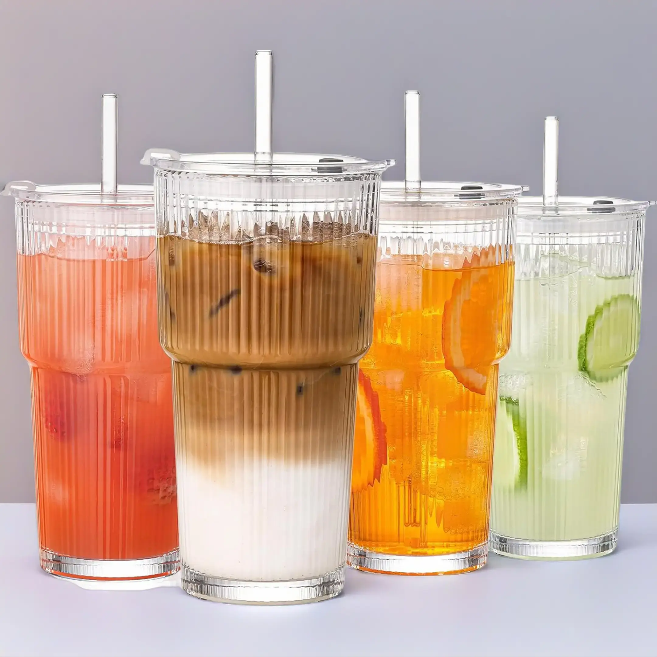 18oz (540ml) Classic Stylish Ribbed Glass Tumblers 4-Pack with Silicone Lids & Straws - Sturdy Thick Leak-Proof Portable Cups for Iced Coffee, Travel Use