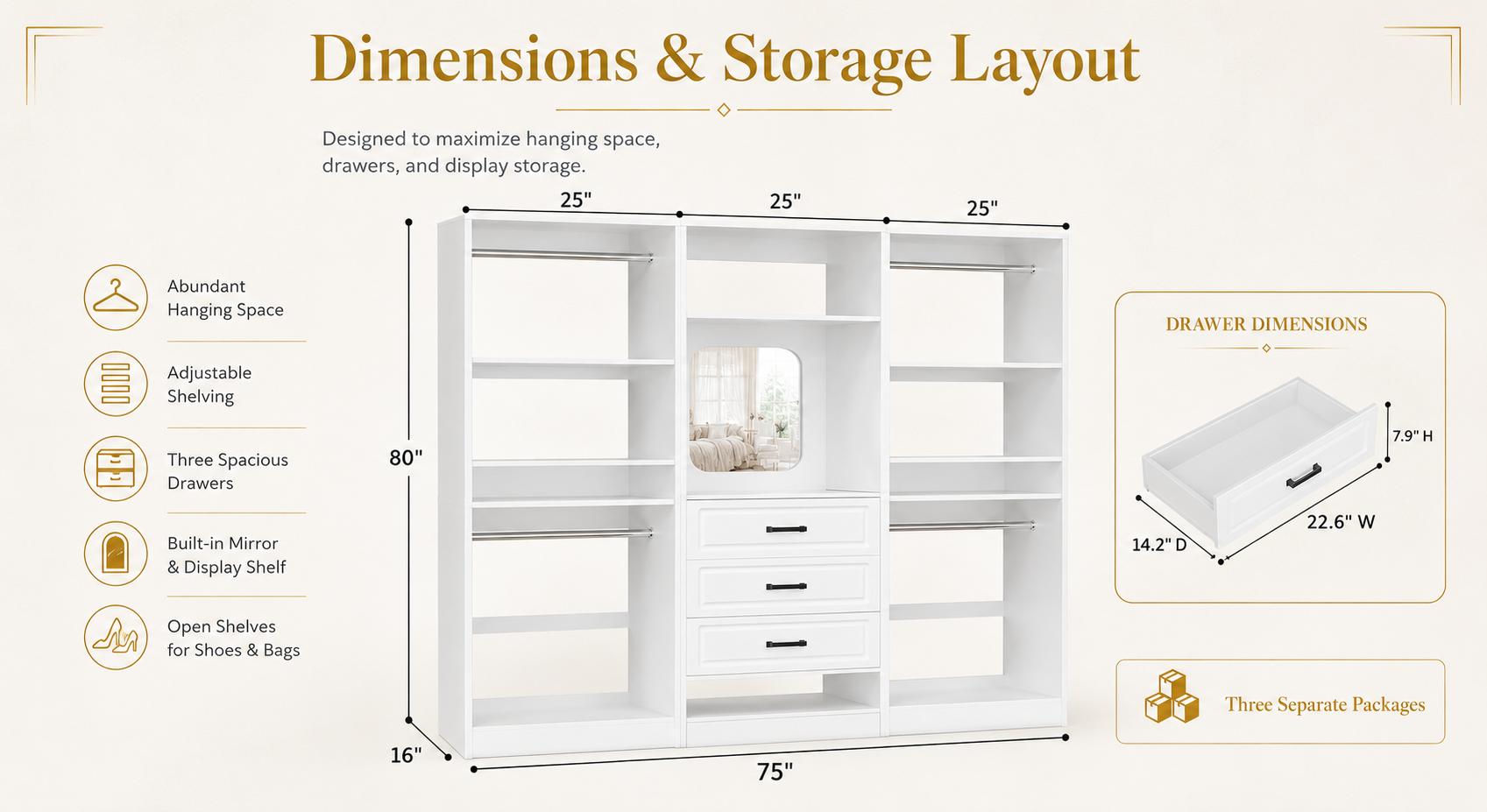 Homieasy 75" Modular Closet Organizer System with Mirror & Drawers, 3-in-1 Freestanding Wardrobe Tower with Adjustable Shelves & Hanging Rods, Heavy-Duty Bedroom Storage for Walk-in Closets Homieasy 75" Modular Closet Organizer System with Mirror & Drawers, 3-in-1 Freestanding Wardrobe Tower with Adjustable Shelves & Hanging Rods, Heavy-Duty Bedroom Storage for Walk-in Closets
