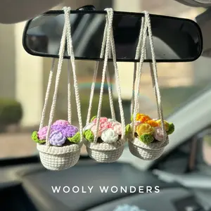 Pink Mini Rose Flower Pot, Car Accessories for Women, Crochet Hanging Plants, Cute Rear Mirror Decor, Gifts for Her, Car Plant Decor