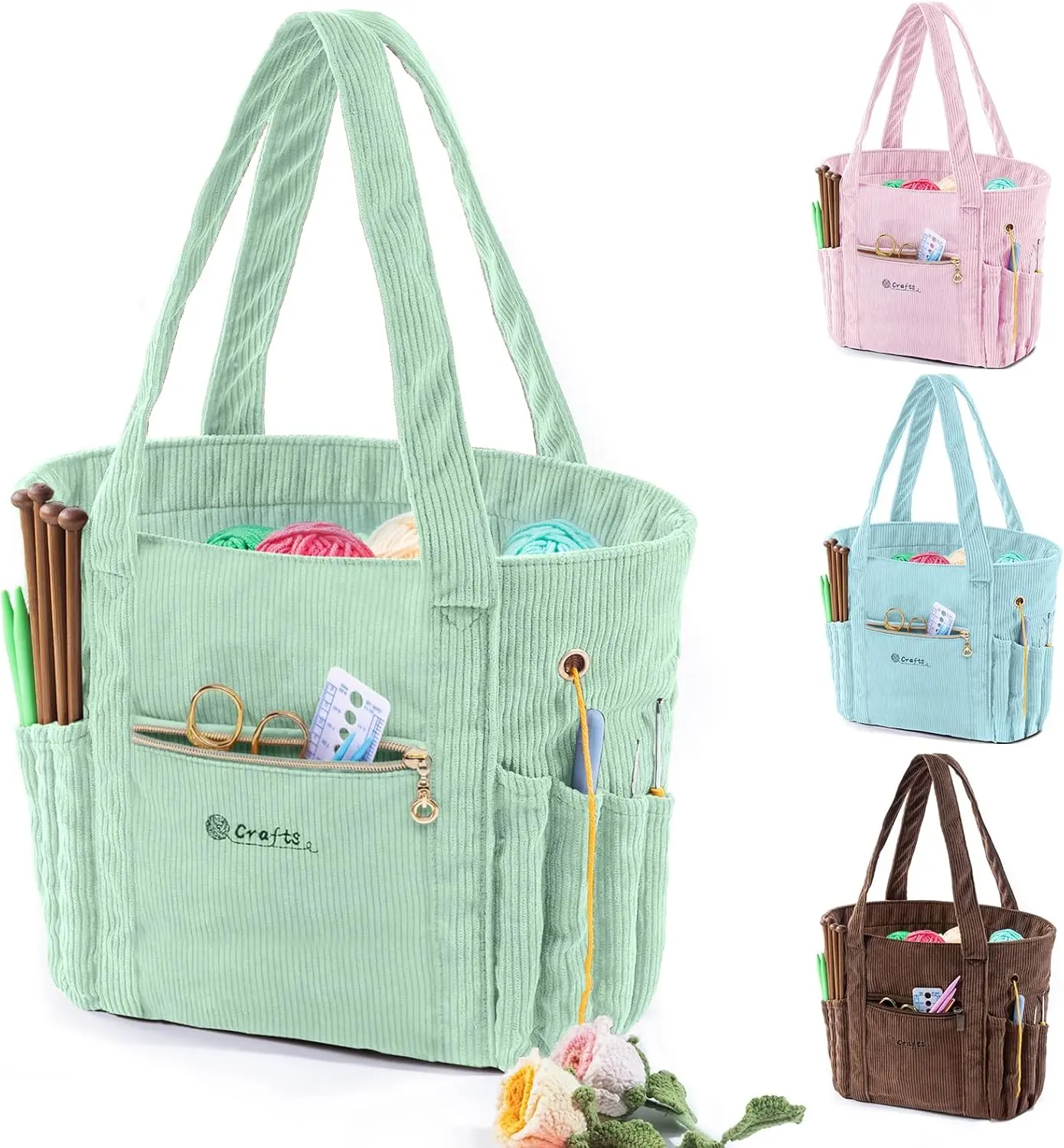 MYABGZING Corduroy Crochet Bag 11.5" Large Yarn Storage Tote with Grommets,  Holders  Knitting Bag Organizer for Crochet Hooks, Accessories, Tools & Projects  for Knitters & Crafters