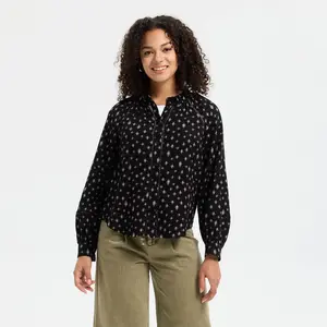 Women's Balloon Long Sleeve Lace Trim Button-Front Blouse - Universal Thread Black Floral M