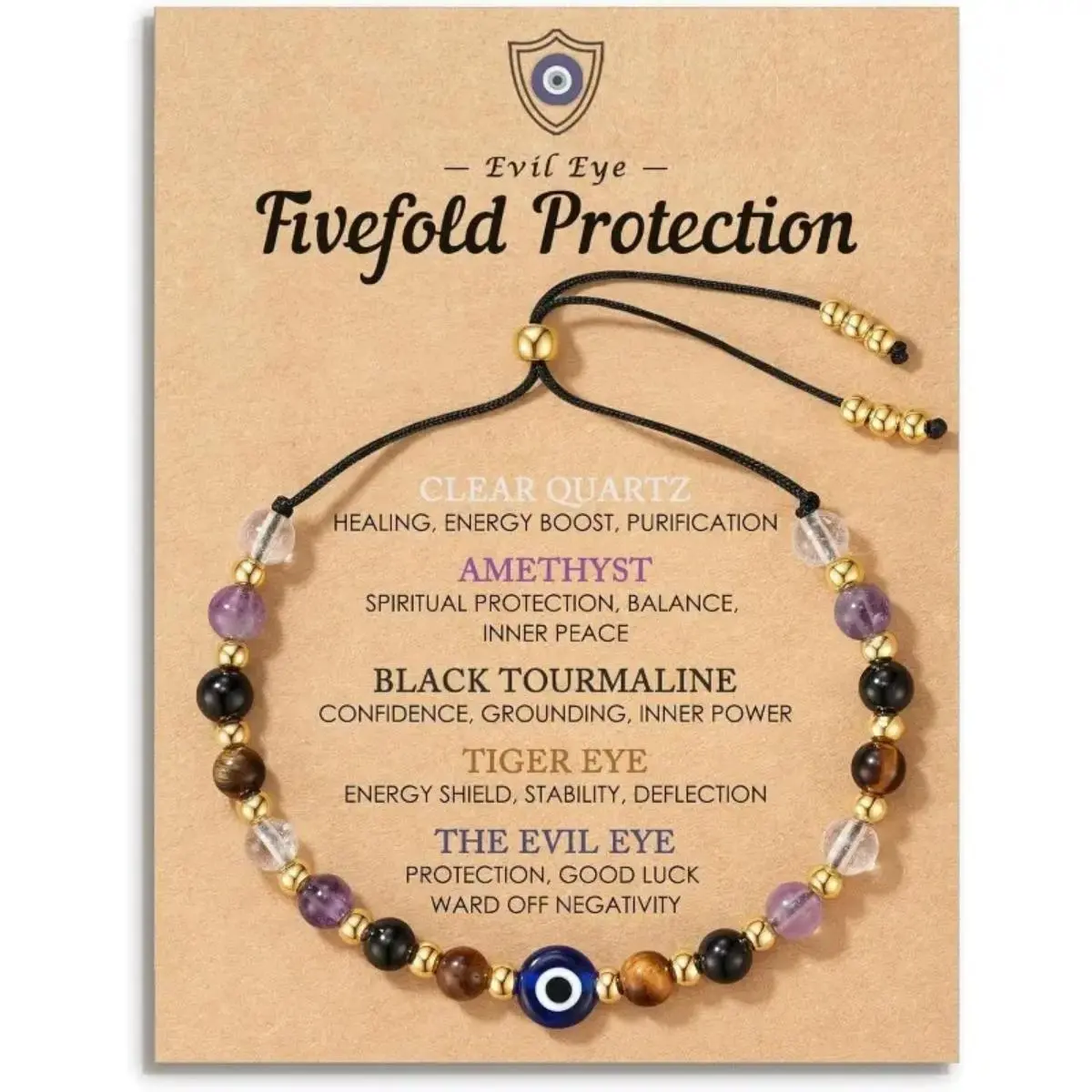 Handcrafted Evil Eye Gemstone Bracelet with Natural Crystals, Dainty Adjustable Beaded Jewelry for Women & Men, Crystals Bracelets, Genuine Stones, Adjustable Size