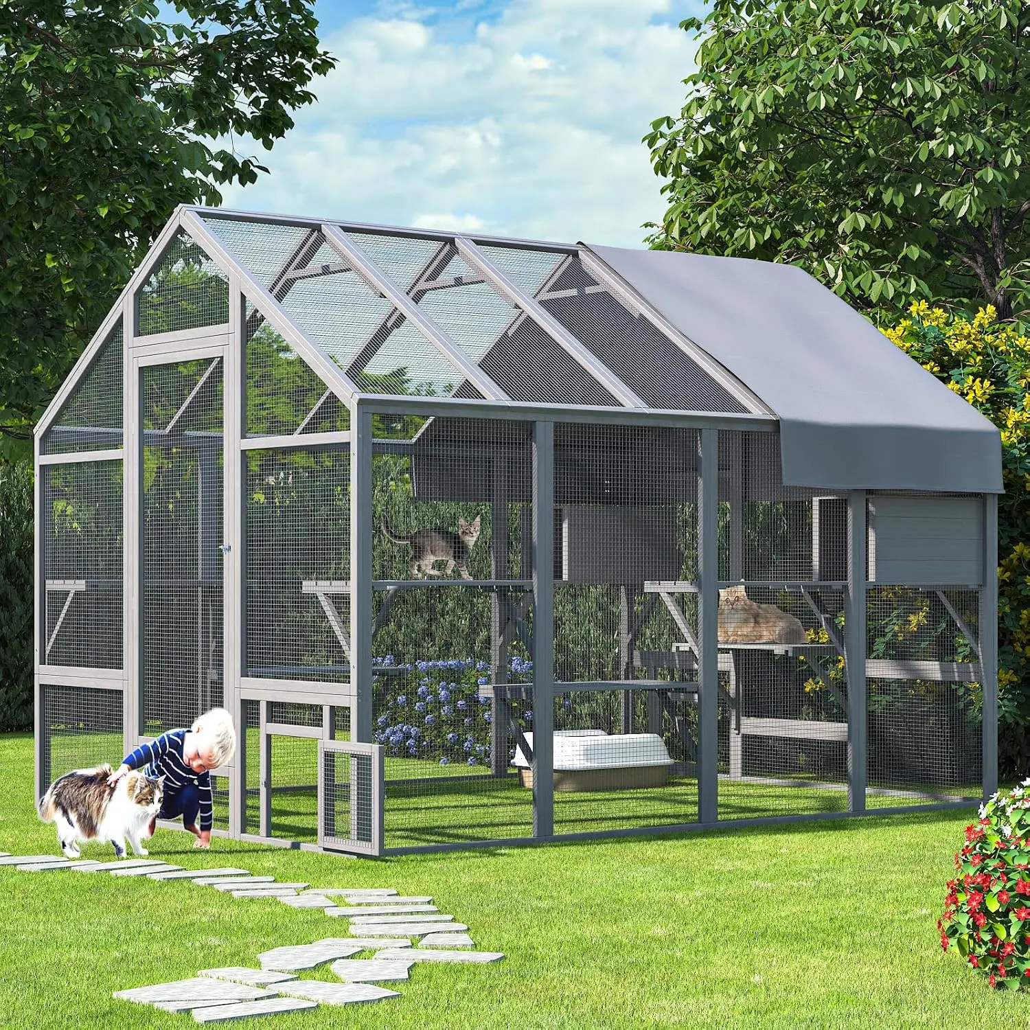 TIMHAKA Catio Outdoor Cat Enclosure, Large Cat Catio for Multiple Cats with 7 Platforms, 2 Resting Box and 2 Bridges, Wooden Cat House Cage with Waterproof and UV Proof Cover, 71 x 71 x 97 inch