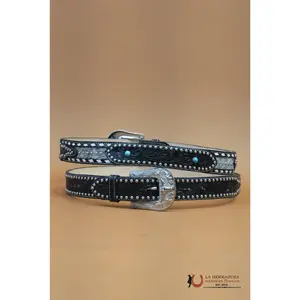 UNISEX BELT HANDTOOLED COWHIDE EMBELLISH BLACK BELT