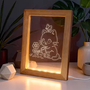 LED Night Light Photo Frame - Cute Cat Animal Acrylic Glow, Soft Glow Bedside Lamp, Warm Light Gift for Women, Christmas Birthday Present, Bedroom Desktop Ornament