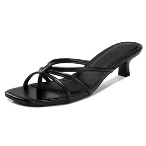 Women's Strappy Kitten Heels Square Toe Flip Flop Low Heels Slip On Thong Heeled Sandals